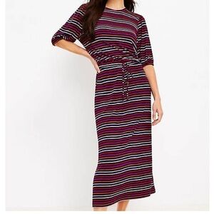Loft Striped Drawstring Midi Dress Round Neck Short Sleeve Red Navy multi Size S